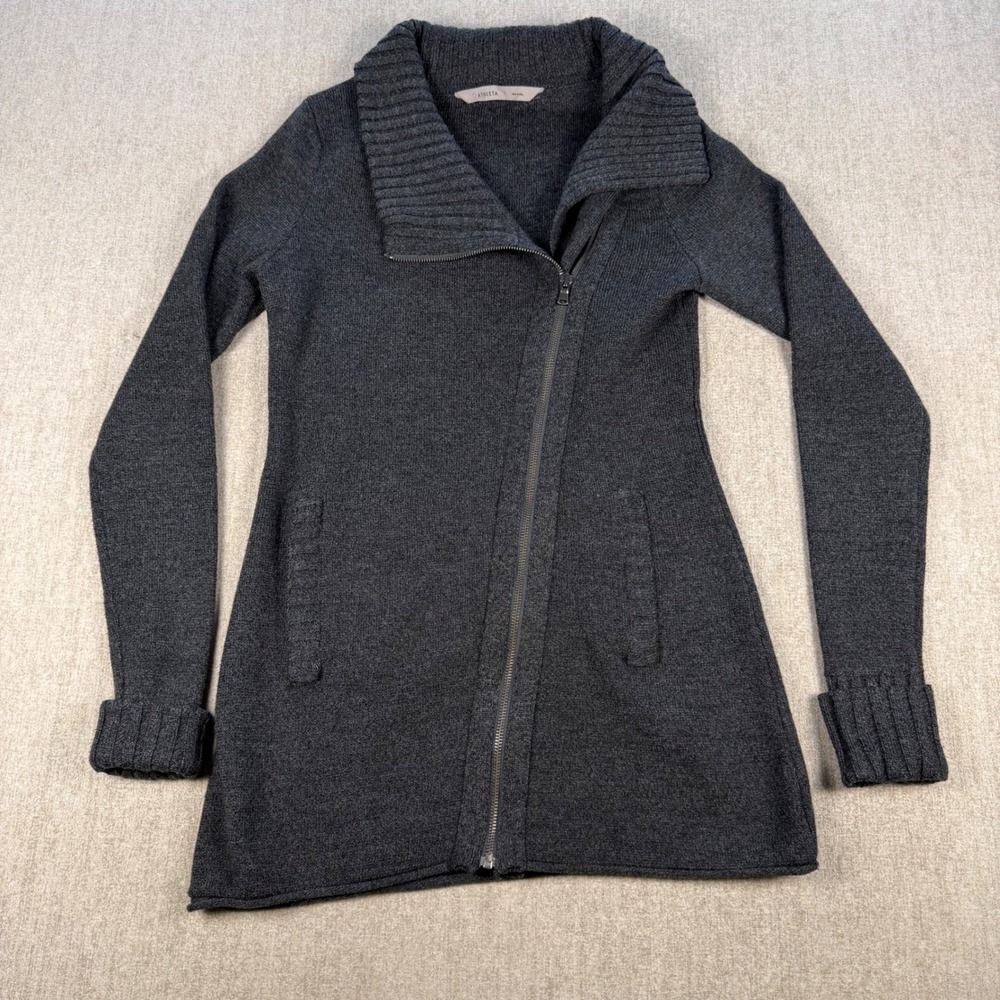 Athleta Cardigan Sweater Womens S Gray Asymmetrical Zip Wool Blend Ribbed Collar
